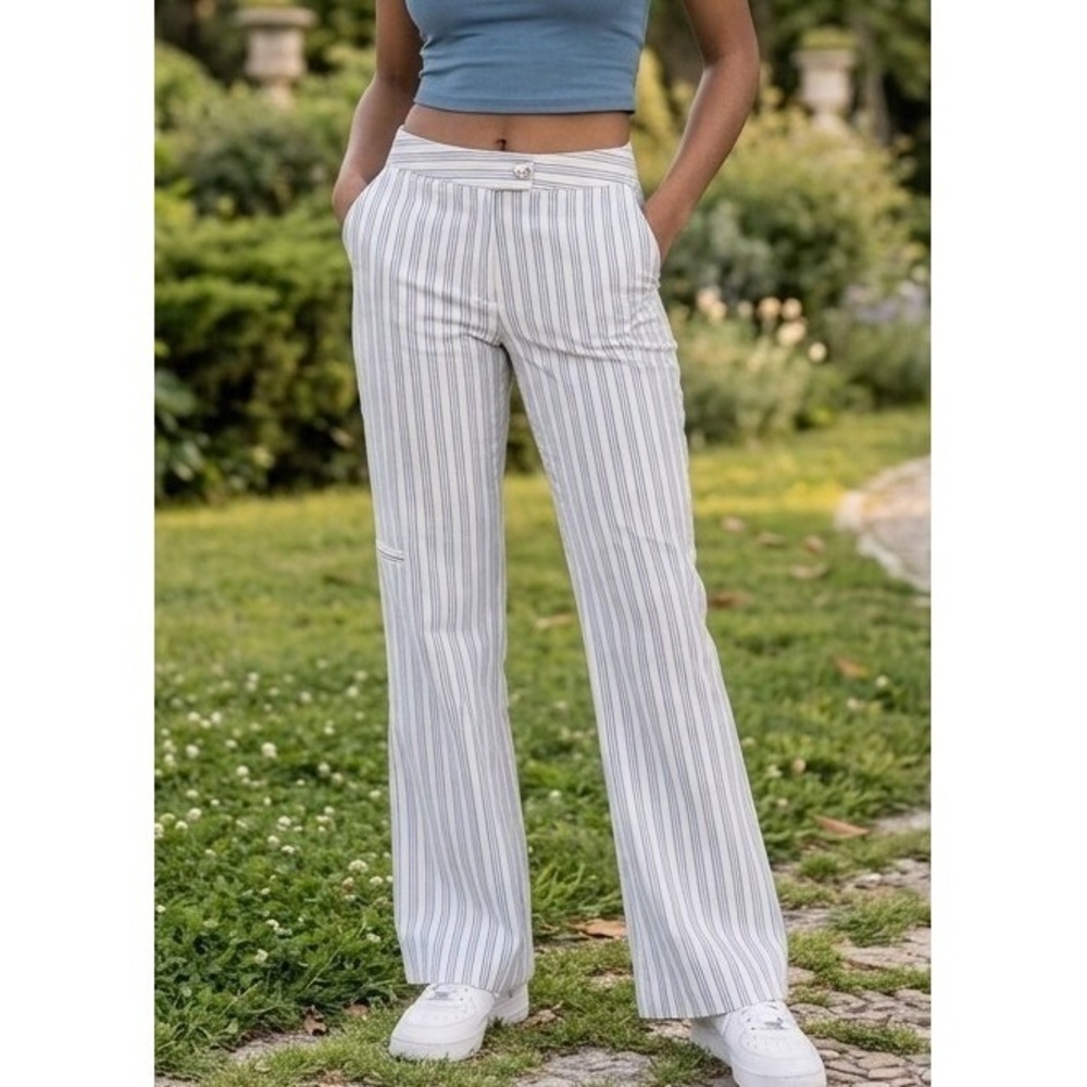 Kye 2 Blue White Pinstripe Wide Leg Trousers Korean Designer Minimalist
